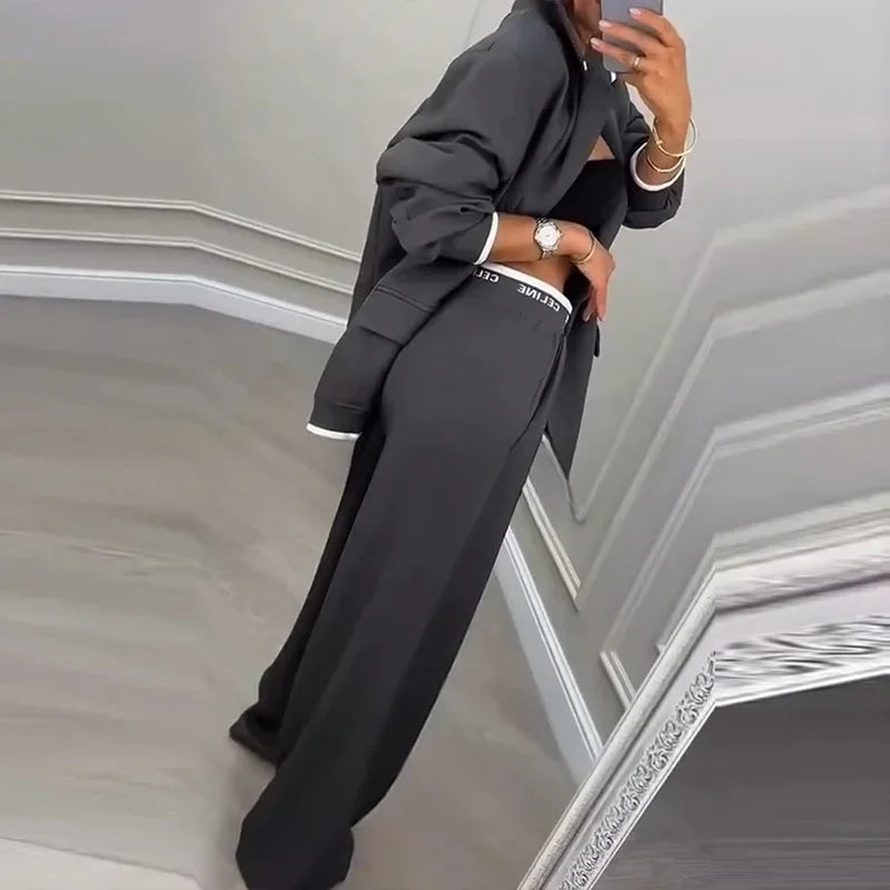 Casual Women's Suit Set Autumn Sexy Turn down Collar Button Blazer & Straight-leg Pants Set Winter Solid Long Sleeve Chic Outfit