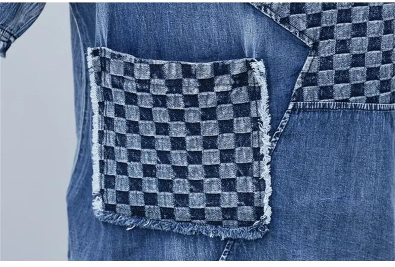 2026 Summer Women Embroidered Mosaic Lattice Denim Two-Piece Suit Fashion Sportswear Female Casual Loose 2 Piece Set Ladies