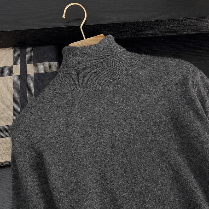 Autumn/Winter Men's 100% Cashmere Pullover Business Casual Solid Knitted Sweater Loose High Collar Tops Basic Thick Warm Jumper