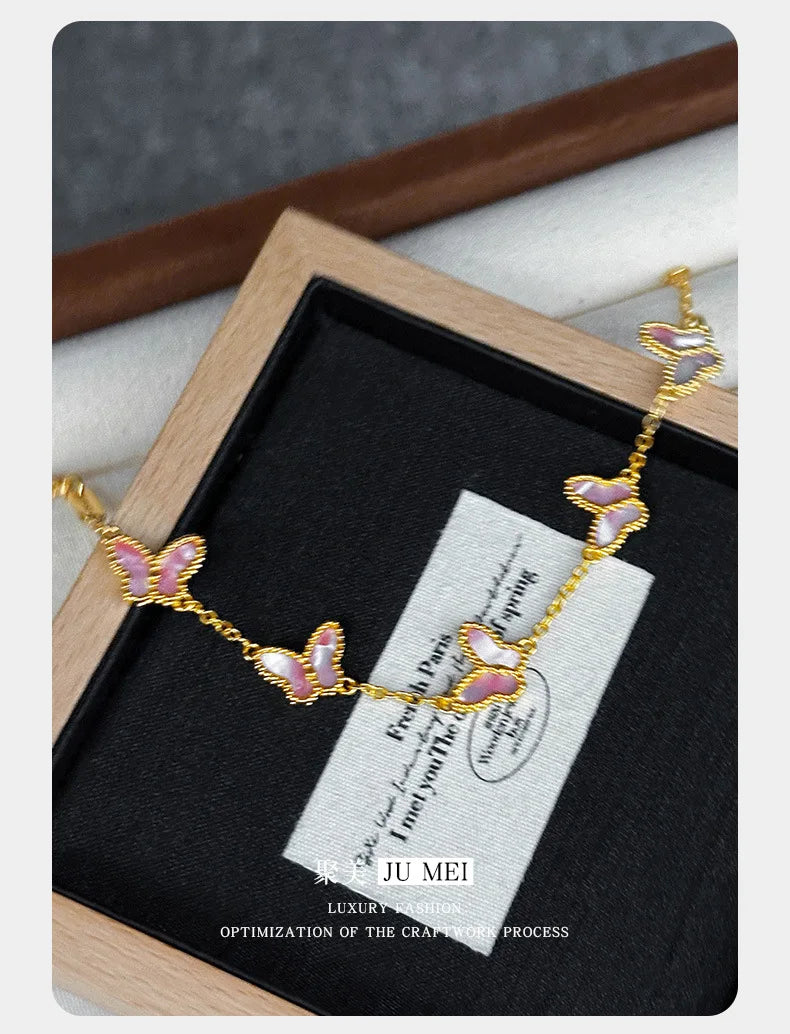 Light luxury high-end five butterfly bracelets 9999 24K real gold versatile ins style mother-shell pink women's bracelets