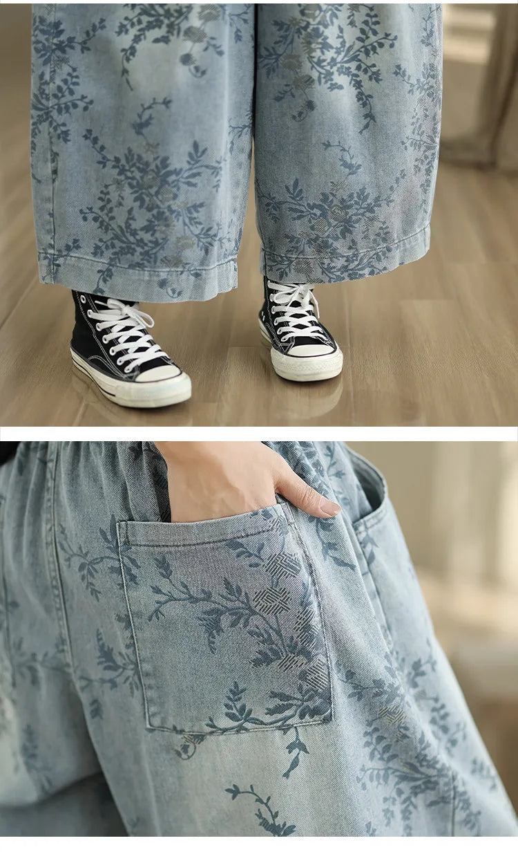 Spring Summer Retro Printed Denim Pants for Women Good Quality Elastic Waist Jeans Loose Casual Wide Leg Straight Trouser