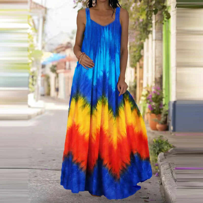 Women's Fashionable Flame Printed Sleeveless Dress  Summer Casual Printed Long Dress