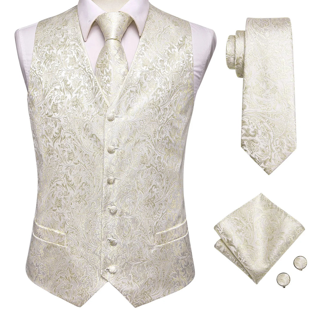 Hi-Tie Silk Mens Waistcoat Tie Set Gold Brown Orange Beige Ivory Khaki Bronze Sleeveless Jacket Suit Vest Necktie Hanky Cufflink