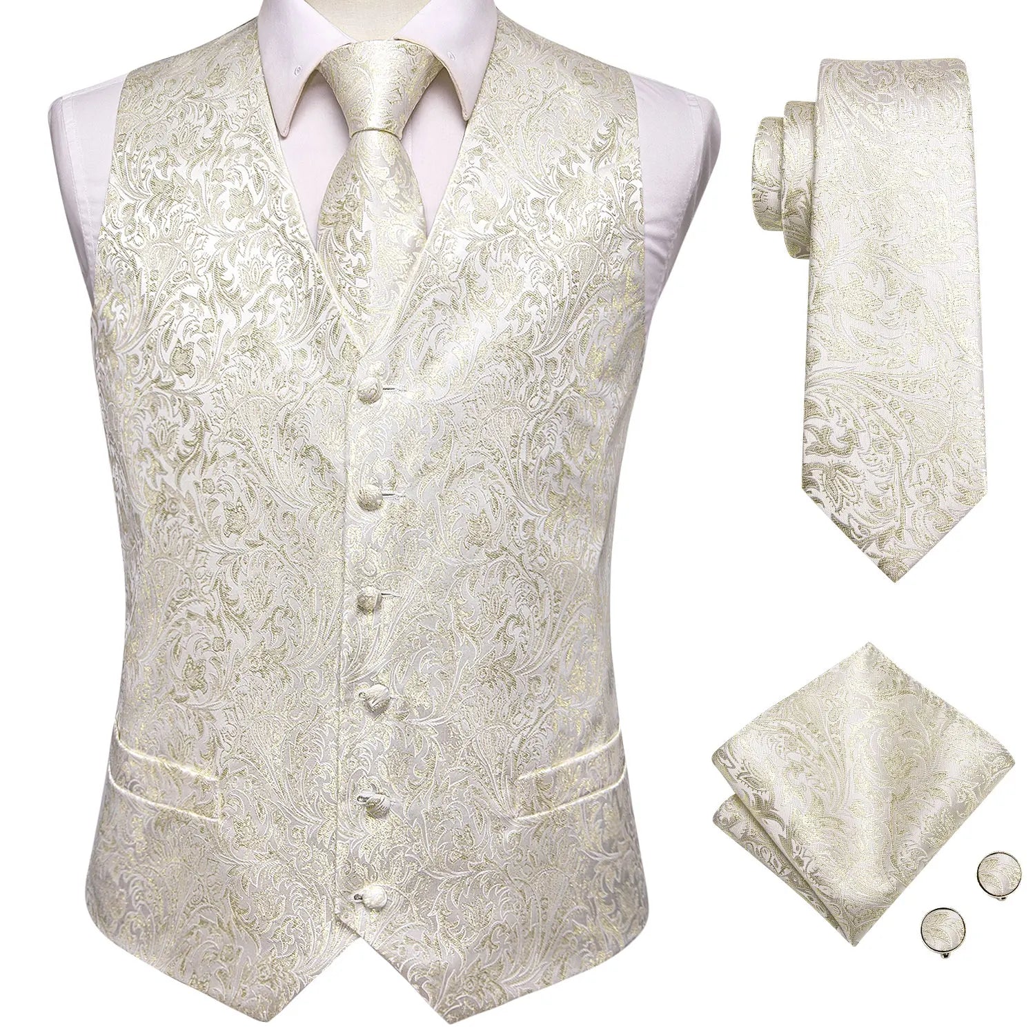 Hi-Tie Silk Mens Waistcoat Tie Set Gold Brown Orange Beige Ivory Khaki Bronze Sleeveless Jacket Suit Vest Necktie Hanky Cufflink