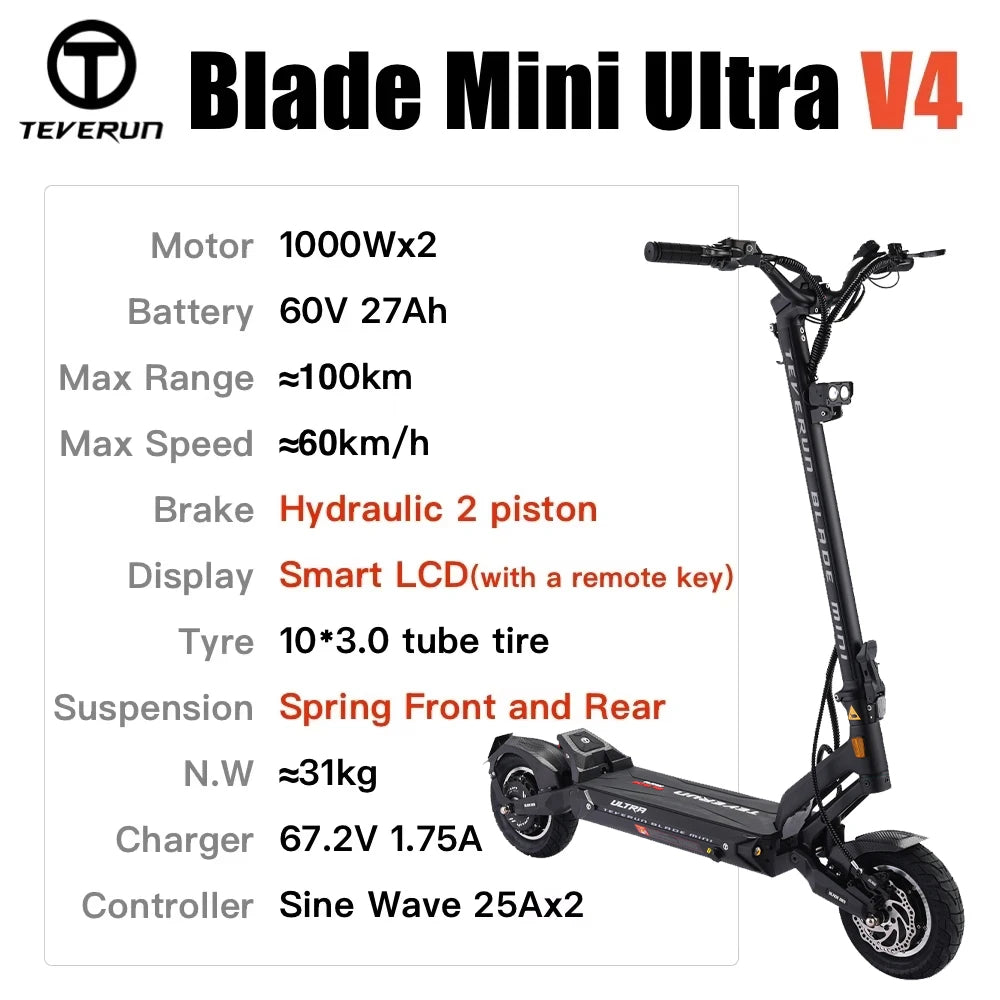 2026 TEVERUN Blade Mini Ultra V4 60V 27Ah Battery 1000Wx2 Motor Built-in Smart LCD Display Max Range 100km 10inch E-Scooter
