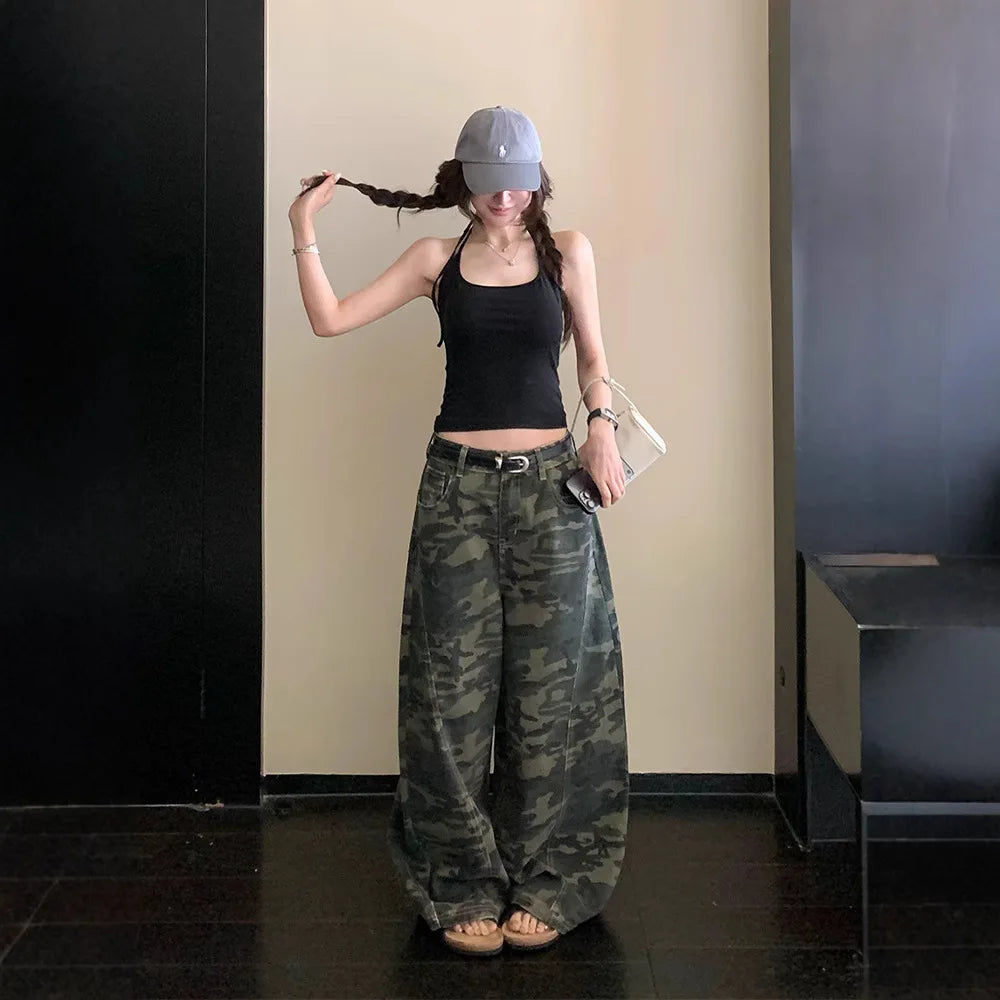 YJKDYK High Waist Camouflage Workwear Jeans Women's Autumn Spring American Retro Wide Leg Floor-Length Pants Trendy High Street