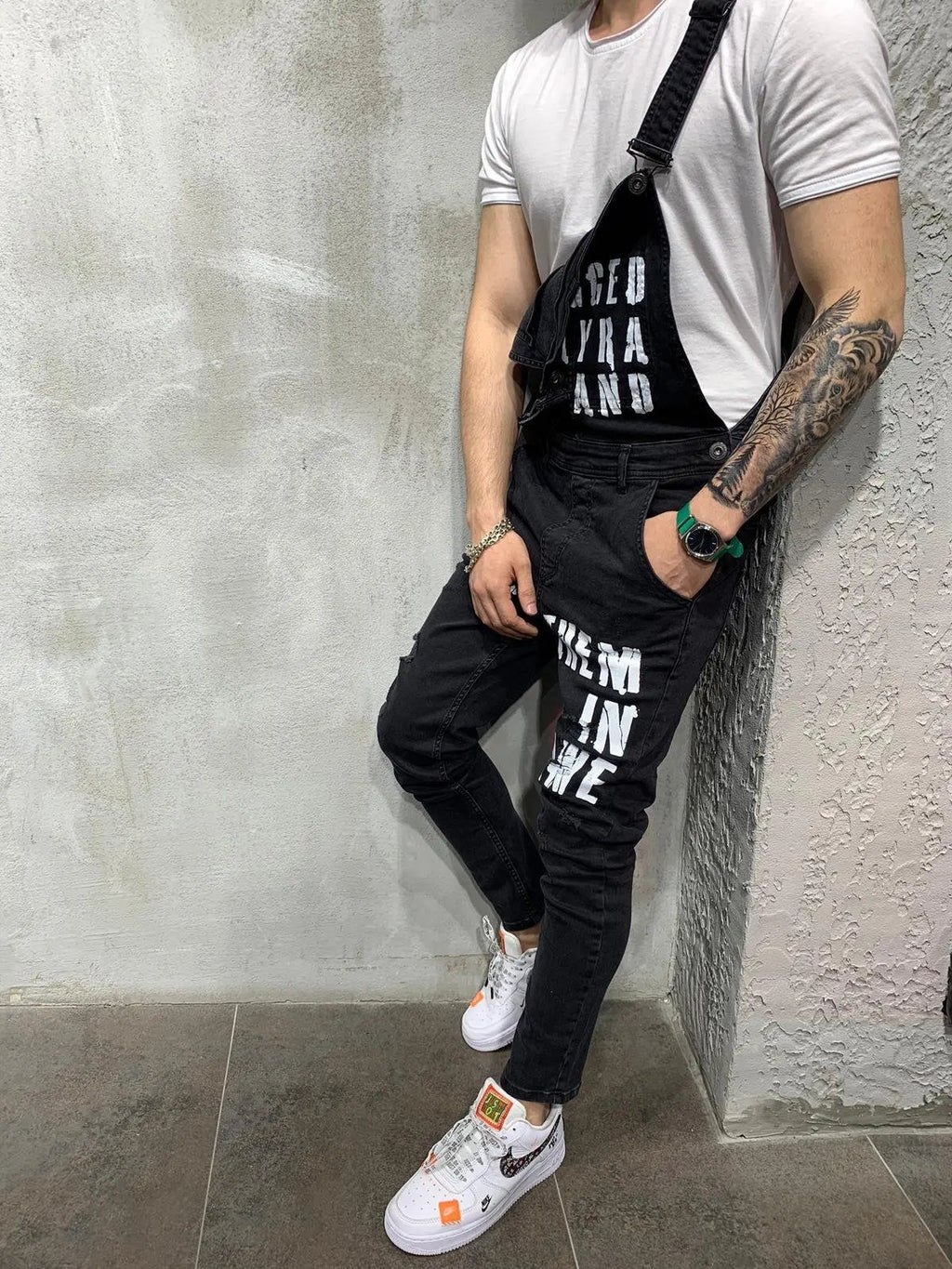 Men Suspenders Denim Jumpsuit Letters Denim Trousers Fashion Overalls Men's Ripped Denim Printed Jeans Men Streetwear