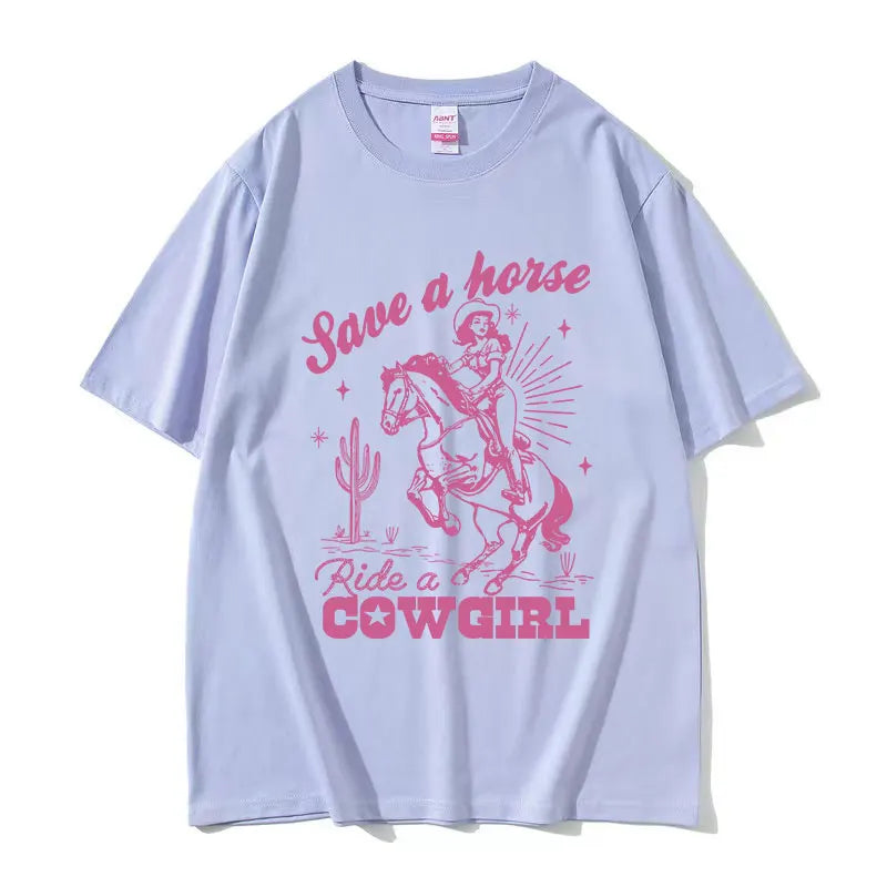 Save A Horse Ride A Cowgirl Print T Shirt Men Women Retro Aesthetic Fashion T-shirts Casual Oversized Cotton T-shirt Streetwear