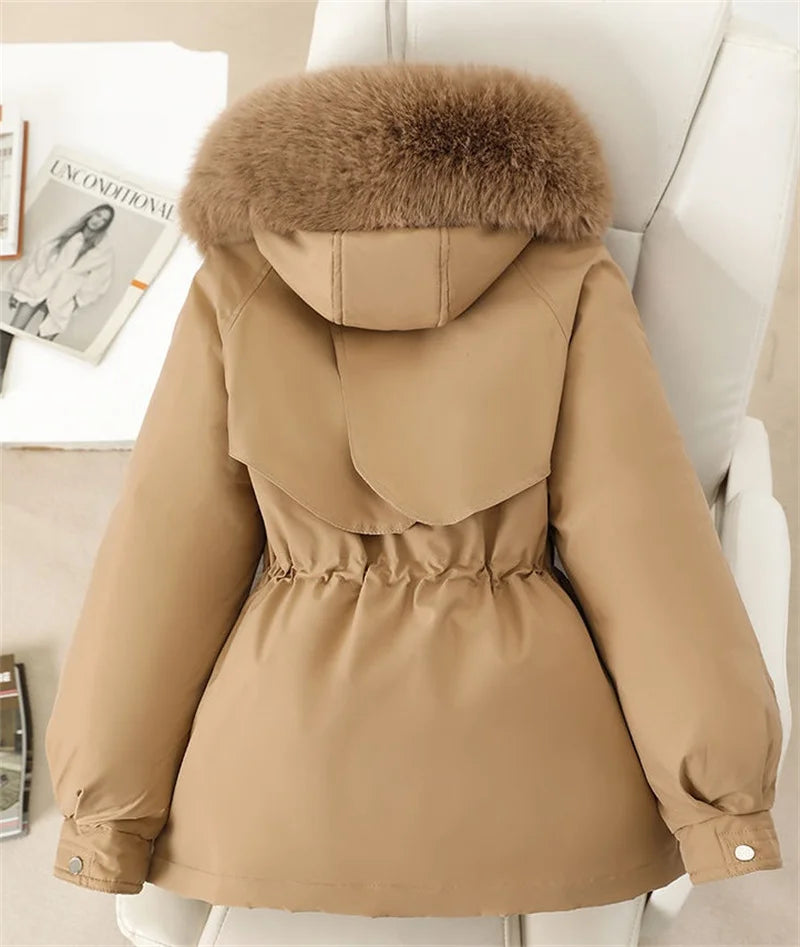 Fleece Lined Hood Down Jacket Winter Coat for Women Warm Drawstring Padded Parkas Korean Casual Streetwear Female Puffer Outwear