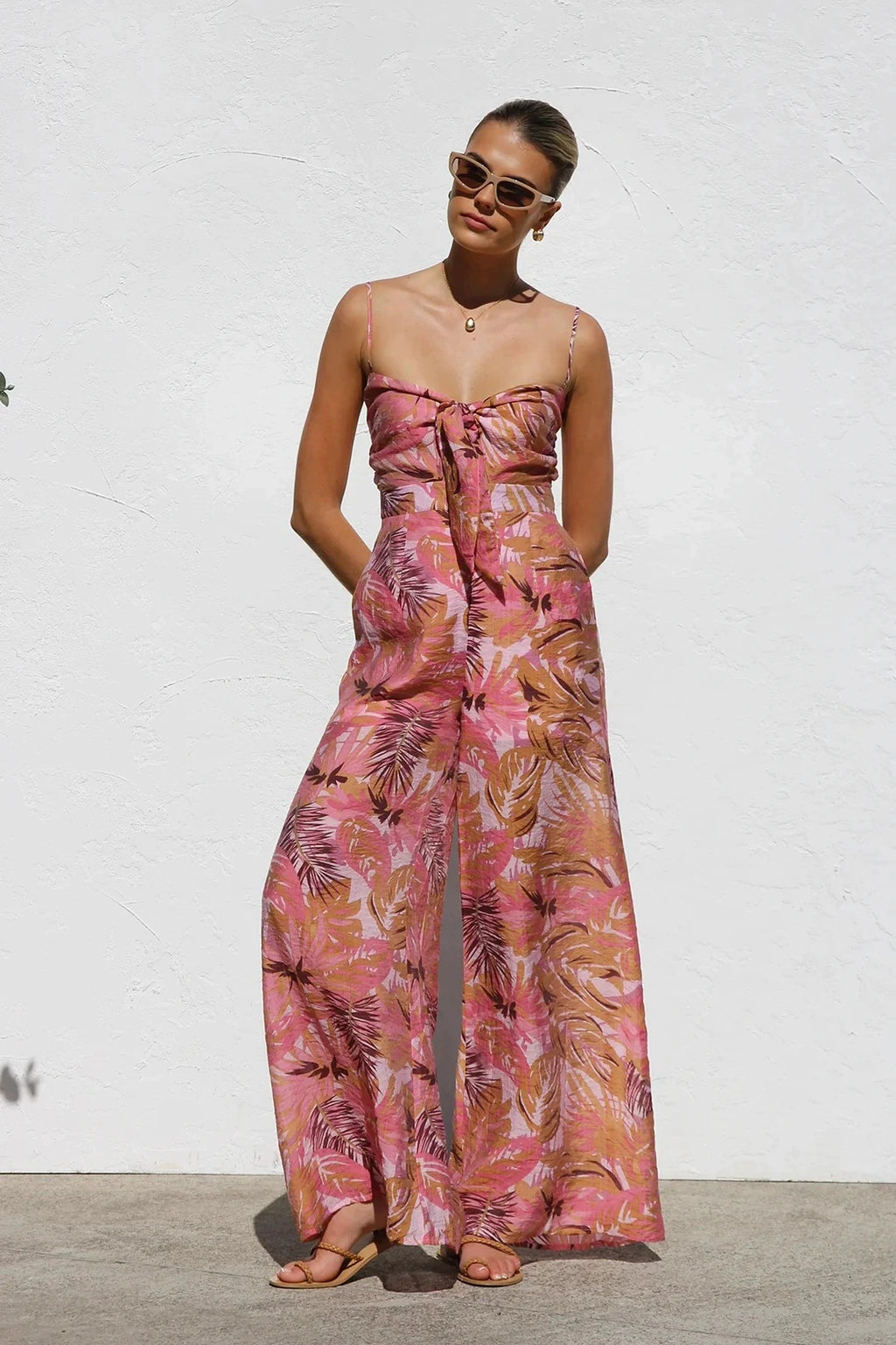 Spring Summer Print Spaghetti Strap Jumpsuits Women Fashion Sexy Hollow Out Leace-up High Waist Wide Legs Jumpsuit Bohemian New