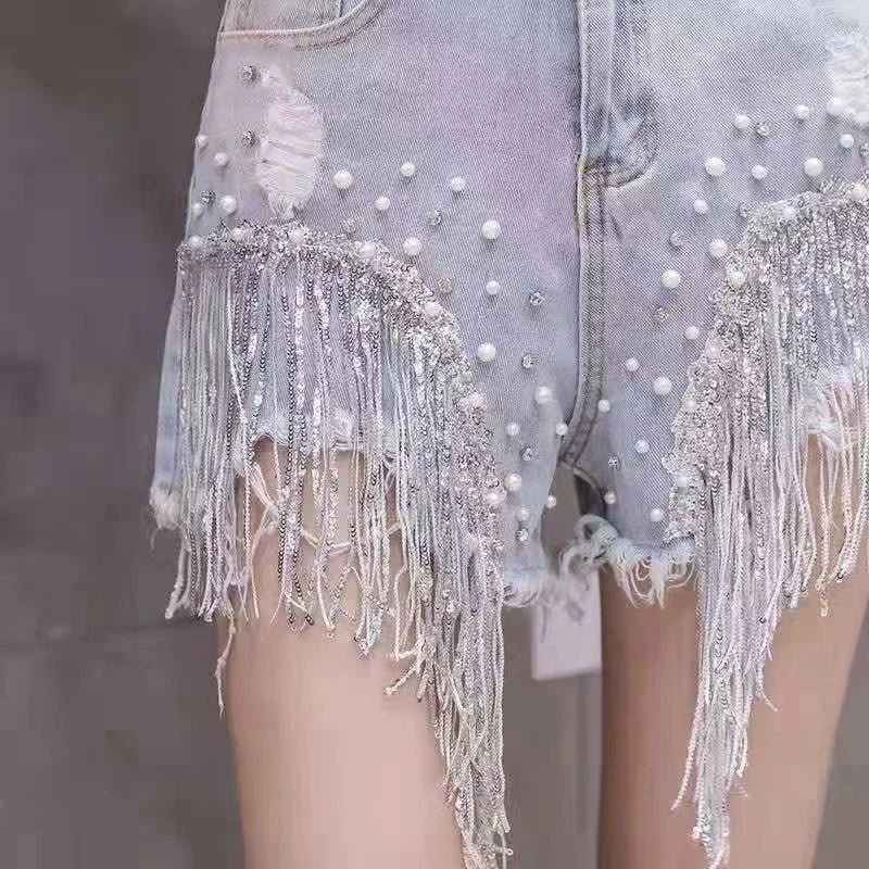Heavy industry nail bead sequins tassel denim women niche design sense summer new versatile high-end slimming short pants