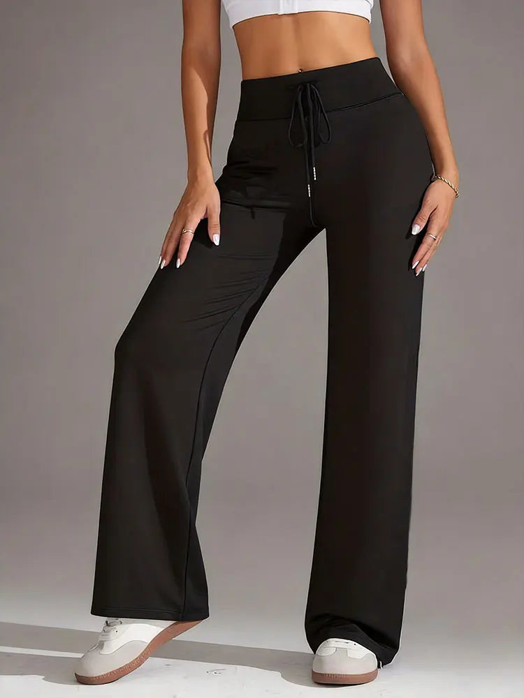 Womens Drawstring Straight Pants High Waist Wide Leg Yoga Trousers Breathable Loose Sweatpants For Fitness Running Casual Wear