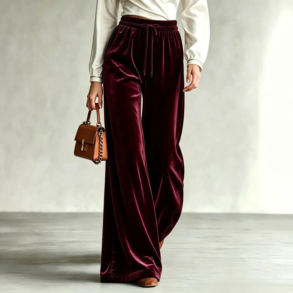 New Winter Women's Velvet Wide-leg Pants Drawstring High-waisted Pants Trousers