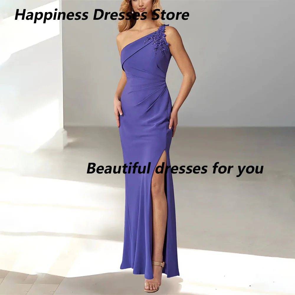 Customized Jersey Applique One-shoulder Evening Dresses Flower Pattern Ankle-length Side Split Pleated Open Back Prom Gown