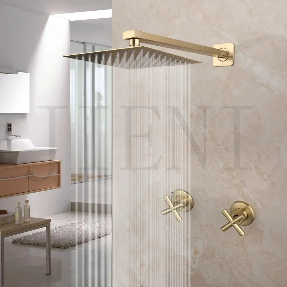 JIENI 8 Inch Brushed Gold Rainfall Shower Faucet Sets Wall Mounted Bathroom Round & Square Head 2 Handles Control Mixer Shower