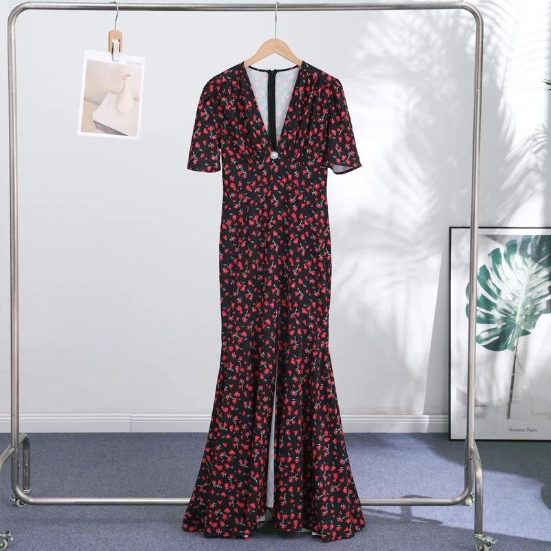 Slim Printed Waist-cinching Fishtail Dress 2026 Summer New Ladies Sexy V-neck Short Sleeve Split Long Robes Women's Party Gowns