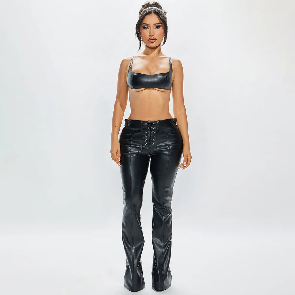 Sexy Bikini Tops Leather 2 Piece Pant Set Outfits 2026 Women Summer Clothing Elegant Luxury Crop PU Top Two Piece Sets