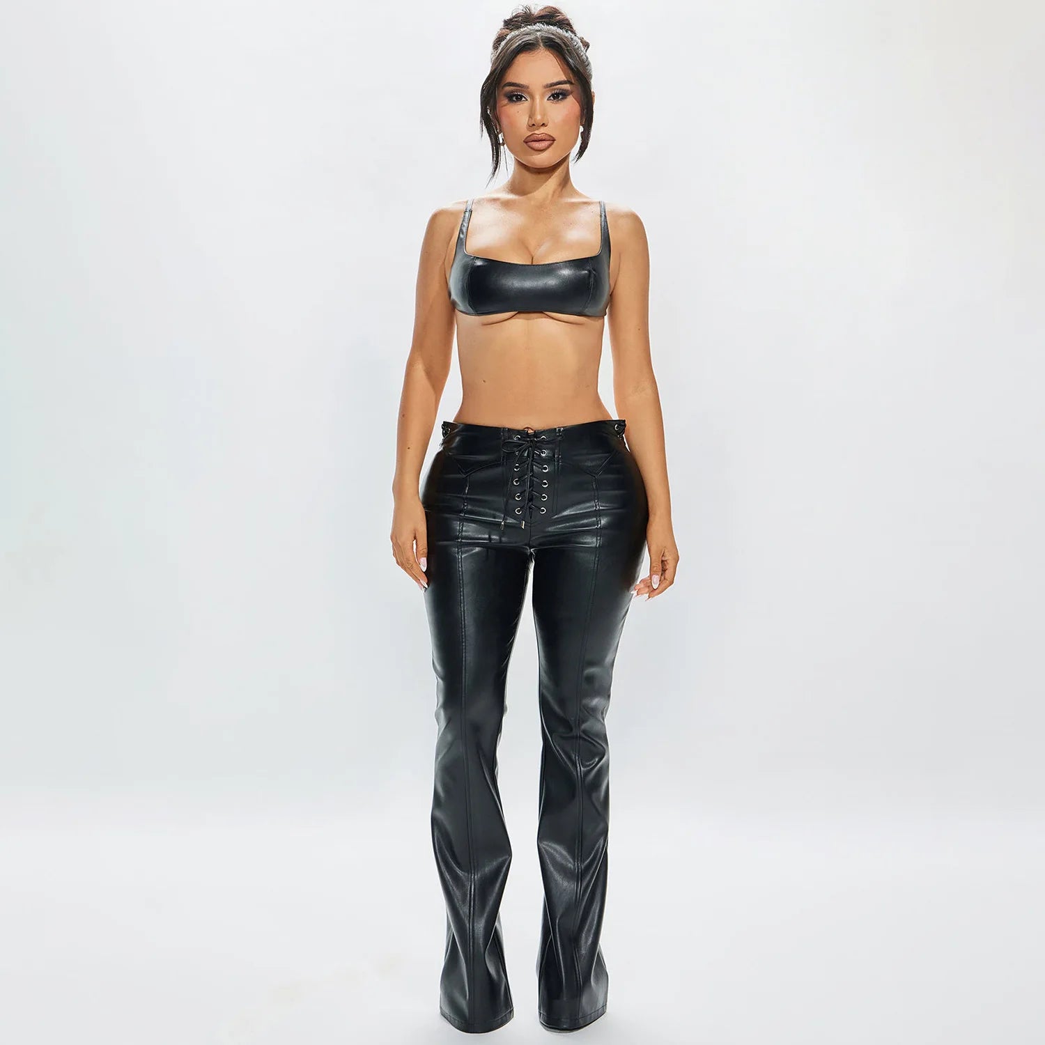 Sexy Bikini Tops Leather 2 Piece Pant Set Outfits 2026 Women Summer Clothing Elegant Luxury Crop PU Top Two Piece Sets