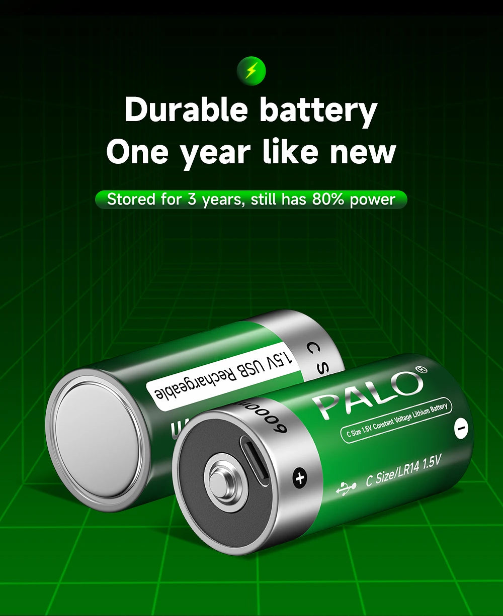 Palo 1.5V Lithium Rechargeable Battery R14 LR14 USB Charging  C Size Li-ion Battery For Water Heater Gas Stove Radio Shaver