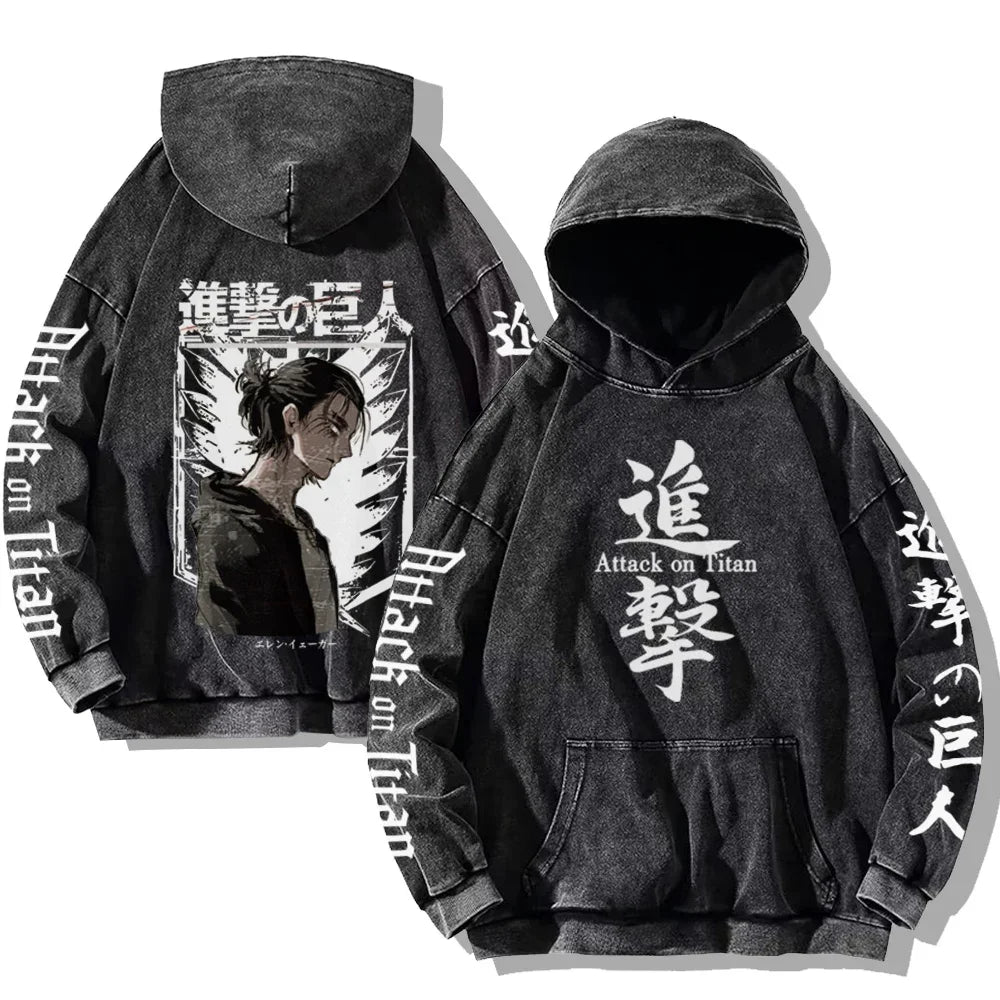 Vintage Washed Men's Hoodies Shield Print Hooded Sweatshirt Hip Hop Streetwear Y2K Hooded Pullover Y2K Loose Casual Tops