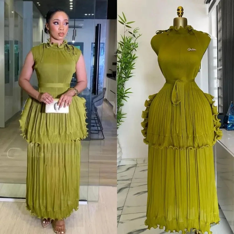 EGRM 2025 Summer New Pleated Dress Women's Solid Sleeveless Ruffles Lace Bottom Skirt with Belt Fashion Female Dresses 9R5618