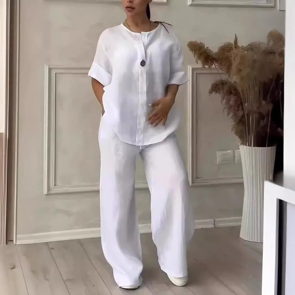 2026 New Europe USA Women's Comfortable Loose Top Wide Leg Pants Casual Cotton Linen Set