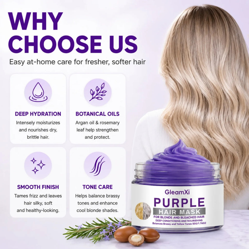 Purple Hair Mask for Blonde Bleached Hair Deep Repair Conditioning Neutralize Brass Yellow Tones Silky Soft Frizz Control 50g