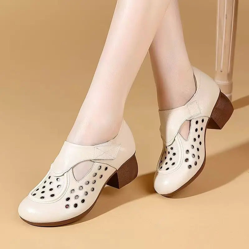 Women's Summer New Leather Hollow Out Cave Sandals Block Sole Non Slip Round Toe Breathable High Quality Low Top Velcro Sandals