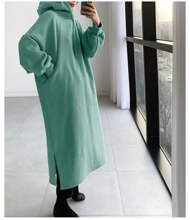 Thicken Autumn Winter Women Oversized Hoodie Long Dress Solid Fashion Long Sleeve Female Clothing Split Casual Loose New Dresses