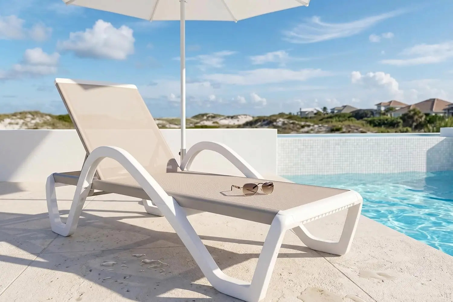 Stackable Plastic Chaise Lounge, 6-Position Reclining Flat Lay, PP & Textilene, Wheels, Outdoor Patio, Customized