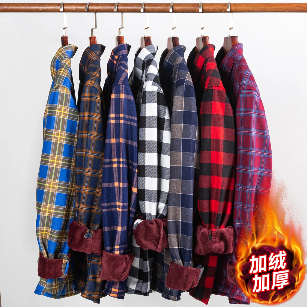 Men's Long Sleeved Shirt With Fleece Lined Winter Thickened Flannel Casual Plaid Stripe Daily Slim Man Clothes Plus Size 8XL 7XL