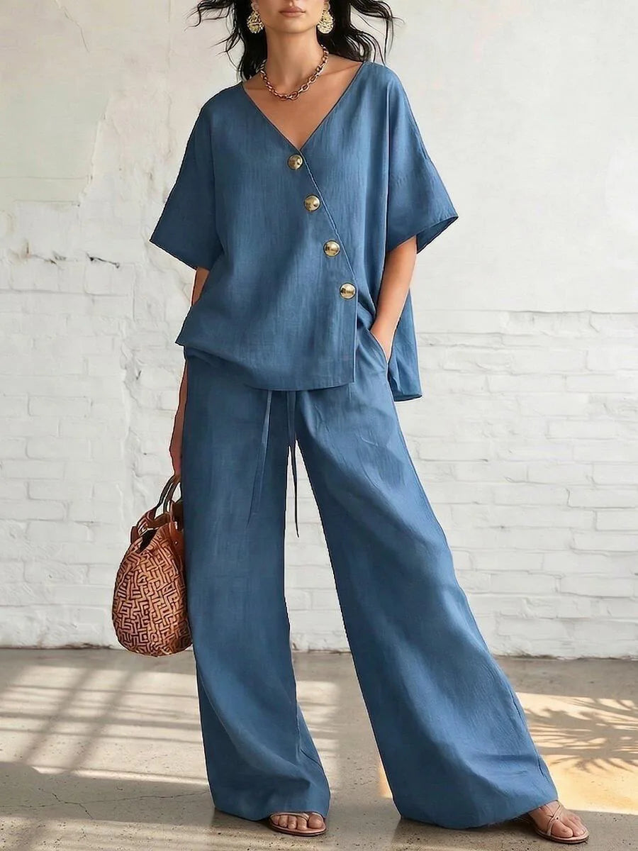 Casual Cotton Loose Pants Sets Women Summer 2026 Fashion Short Sleeve V-neck Tops And Wide Leg Pant 2 Piece Set Woman Outfits
