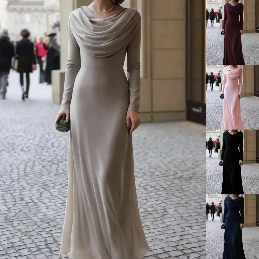 Elegant Ruched Maxi Dress Women Swing Collar Full Sleeve Skinny Stretch Robe Autumn Trend Classic Pleats Long Bodycon Vestidos