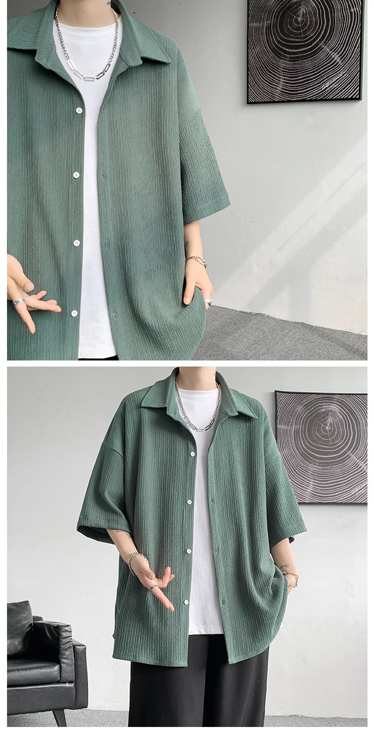 LEGIBLE Spring Summer Solid Shirts Men Casual Oversized Three Quarter Shirts Male Loose Fit Shirt for Man