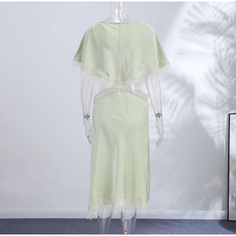 Lightweight Chiffon V-Neck Lace Insert Waist Maxi Dress Cutout Puff Sleeve 2026 Summer Women Party Dress Trendy Chic Lady Outfit