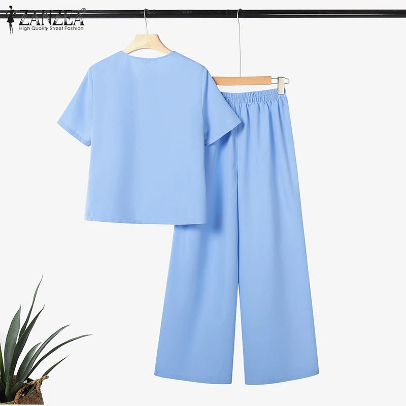 Fashion Summer 2PCS Outfits ZANZEA Women Pant Sets Short Sleeve Buttons Tops Suit Casual Solid Work OL Tracksuits Matching Sets