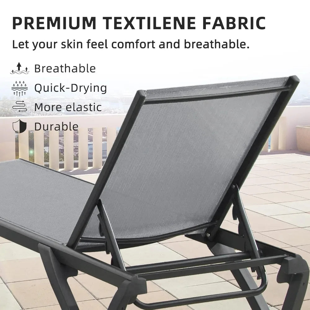 2 Pack Aluminum Outdoor Chaise Lounge,5 Position Adjustable Backrest&Wheels,All Weather Pool Patio, Custom
