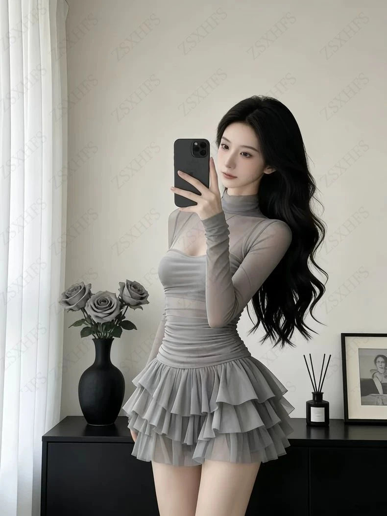 Korea Kawaii Sexy Dresses Punk Aesthetic 2000s Summer Sexy Girl Gentle Dress Chiffon Perspective Trendy Slim Tiered Short Dress