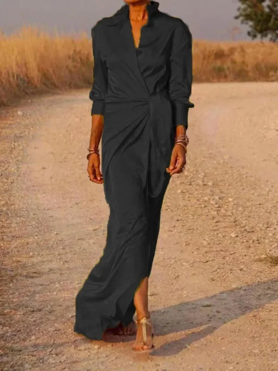 Yeezzi Office Lady Solid Color Formal Tied Waist A-line Dress 2025 New Spring Long Sleeves Elegant Pleated Evening Maxi Dresses