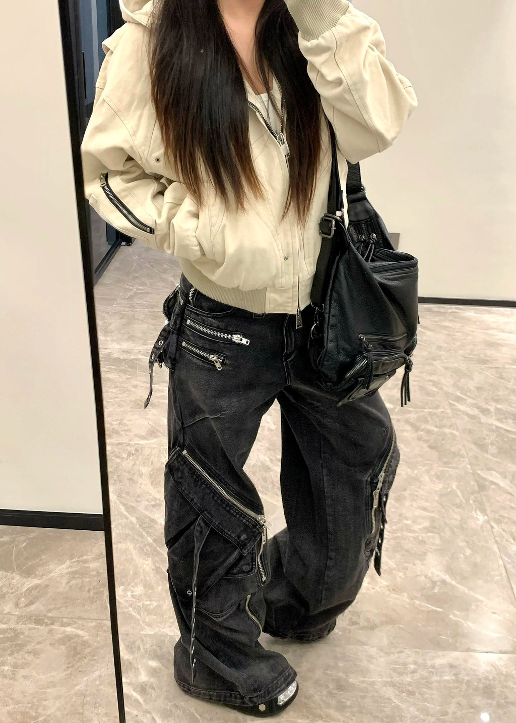 Black Gothic Punk Multi-Pocket Zipper Denim Jeans Men And Women Y2K American Baggy Fashion High Waist Loose Wide-Leg Jeans