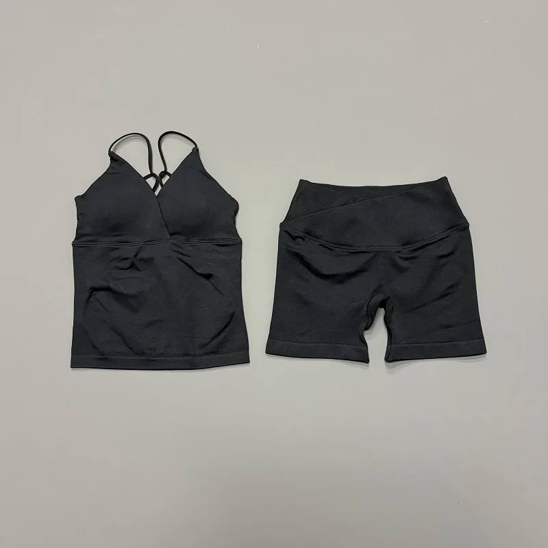 2Pcs Workout Shorts Set Women Cross Waist Scrunch Butt Shorts Tummy Control Racerback Tank Top Running Fitness Two Piece Suit