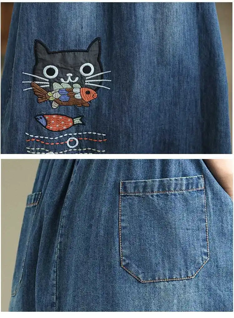 2026 Women's Denim Skirts Retro Cartoon Animal Embroidery Casual Half Skirts Spring Summer High Waist Fashion Loose Midi Skirts