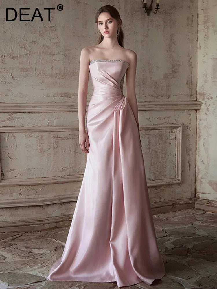 DEAT Fashion Pink Patchwork Sequined Strapless Dress Women's Slim Fit Waist Contraction Flods Floor-length Dresses New  7A2987