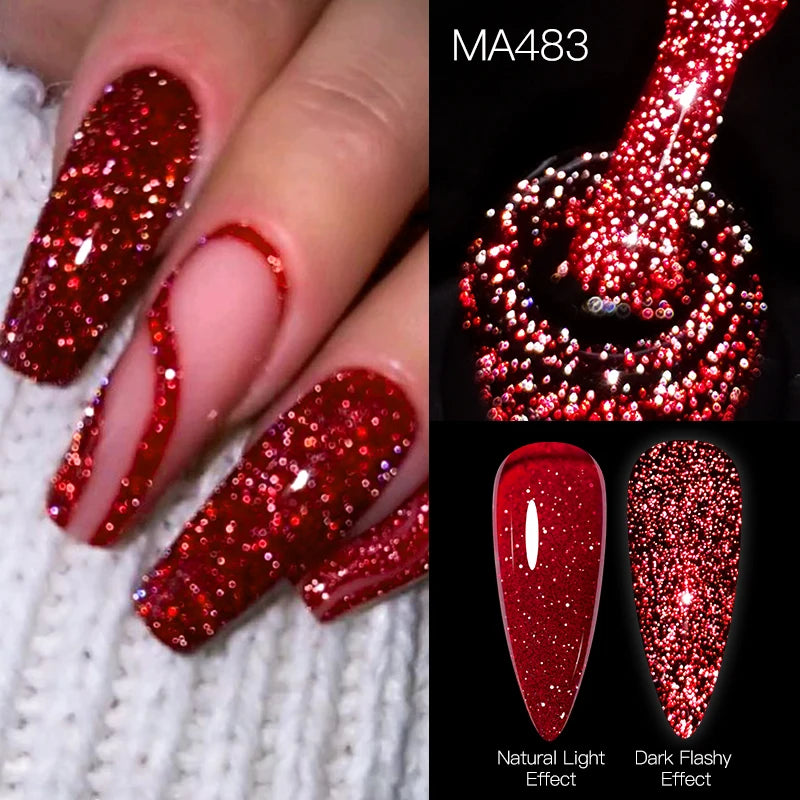 MEET ACROSS 7ml Red Series  Reflective Glitter Gel Nail Polish Autumn And Winter Series Semi Permanent UV DIY Nail Art For Manic