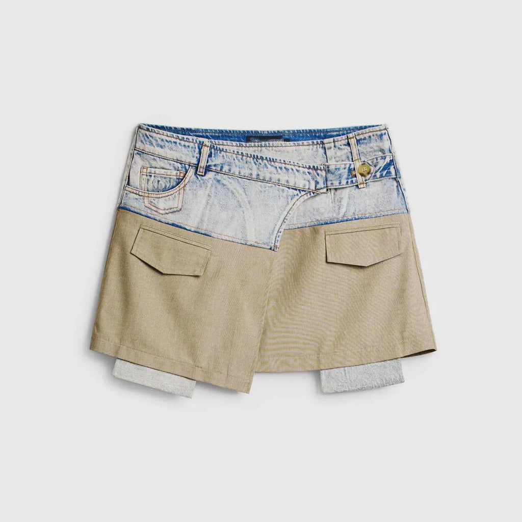 Foreign trade Spain original single color collision splicing denim asymmetrical design short skirt fashion