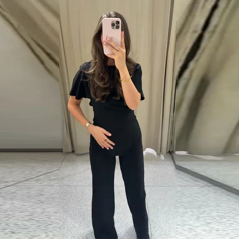 Sexy Solid Top Trousers Set Women Short Sleeve Backless Tops Long Slim Pants Sets Female 2026 Chic Summer Autumn Lady Suits New