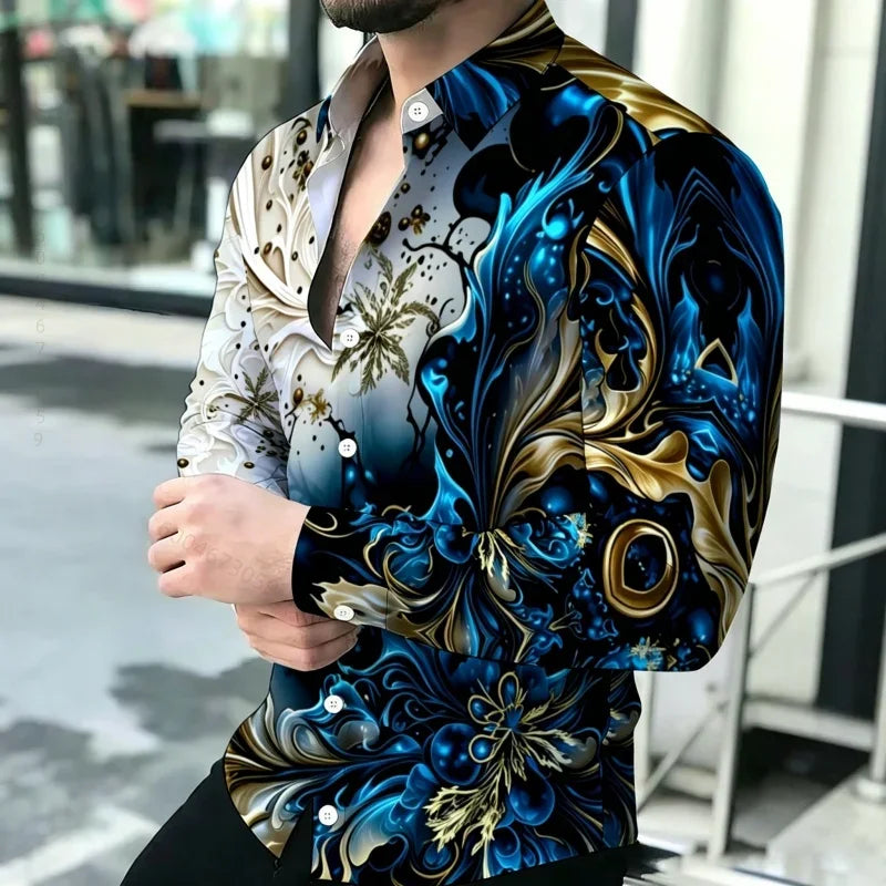 2026 New Men's Shirt Personalized Printed Long Sleeve Shirt Black Brown Contrasting Design Sense Shirt Street Trendy Men's Wear