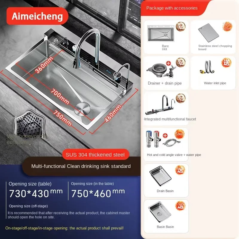 Stainless Steel Kitchen Sink with Faucet Digital Display Large Single Bowl Waterfall Rain 5 Functions System Dish Basin Sink