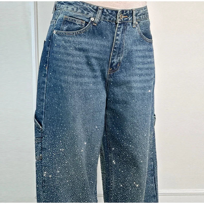 Shiny Rhinestone Baggy Women's Wide Leg Jeans Full Diamond Wide Leg Dragging Denim Pants Vintage Washed Pants Casual Trousers