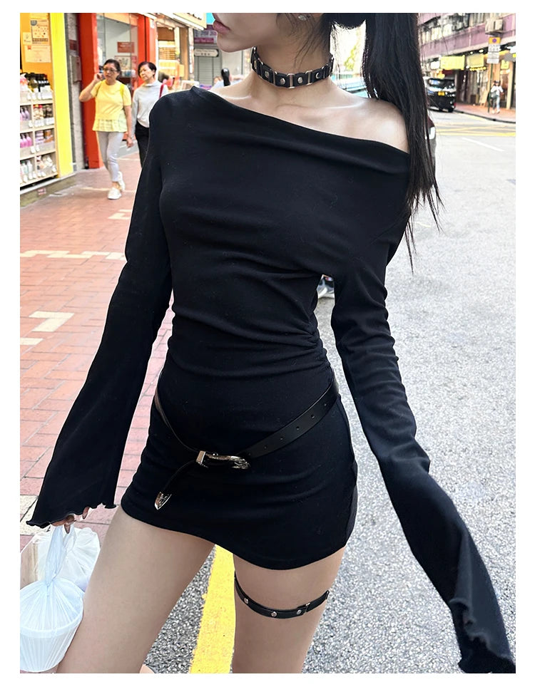Seeslim Black Slim Sexy Mini Dress Women Long Sleeve Autumn Off Shoulder Korean Fashion 2000s Y2k Clothes Party Dresses Chic